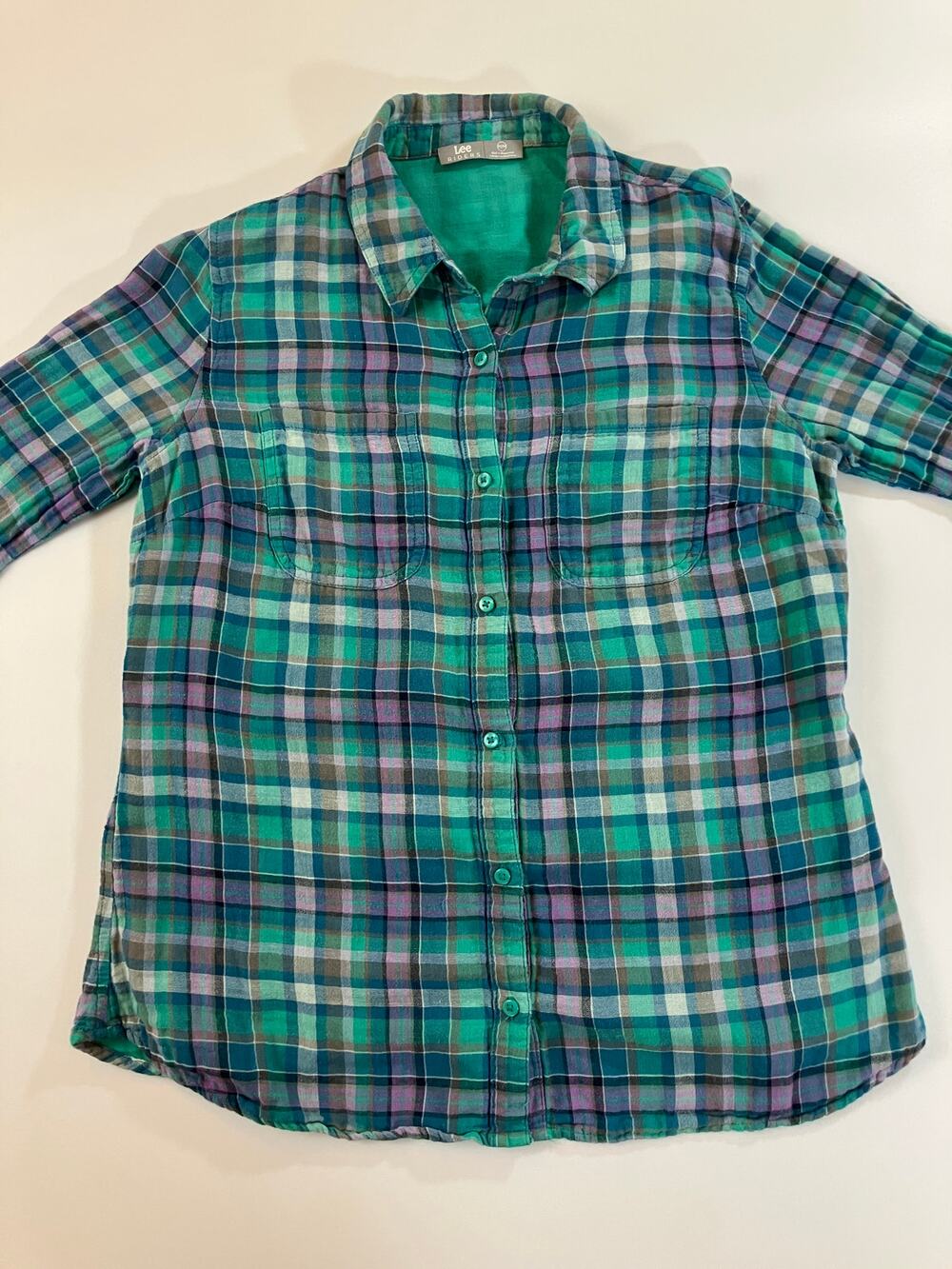Lee Riders Women’s M Teal Plaid Button Up Shirt 100% Cotton Long Sleeve